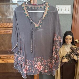 Johnny Was Charcoal Tunic with Pink Embroidery